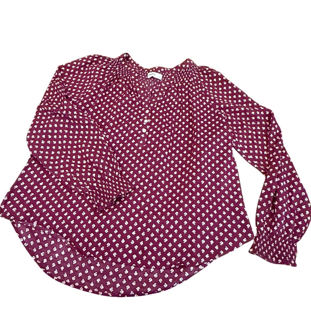 Sonoma Goods For Life Womens Large Burgundy Floral Henley Blouse Smocked Cuff L